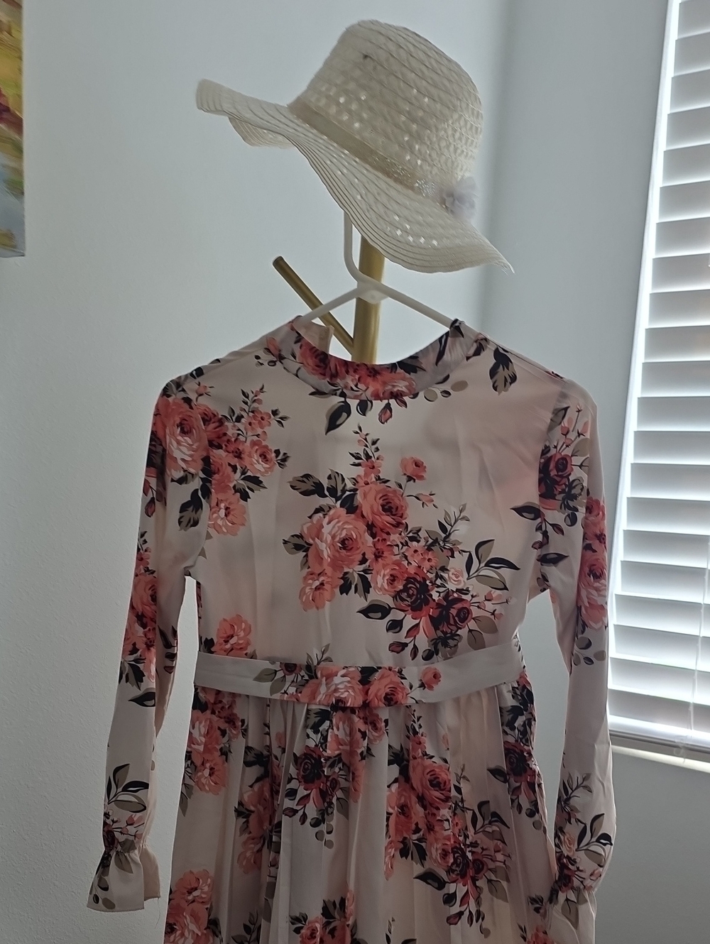Girls Floral Long Sleeve Midi Dress in Blush Pink